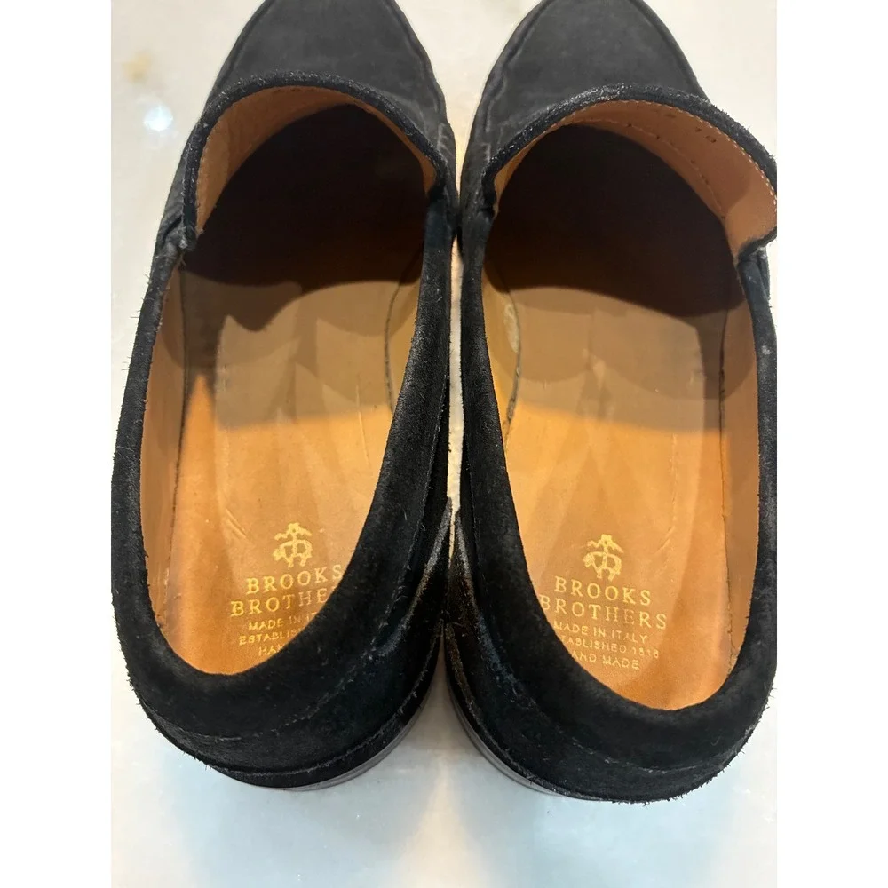 Brooks Brothers Mens Black Suede Penny Loafers Italy Made Vera Gomma Sole